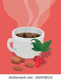 coffee cup with berries leaves and beans design of drink caffeine breakfast and beverage theme Vector illustration