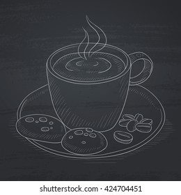Coffee cup with biscuits and coffee beans on saucer. Coffee hand drawn in chalk on a blackboard. Coffee vector sketch illustration.