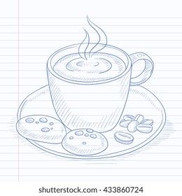 Coffee cup with biscuits and coffee beans on saucer. Coffee hand drawn on notebook paper in line background. Coffee vector sketch illustration.