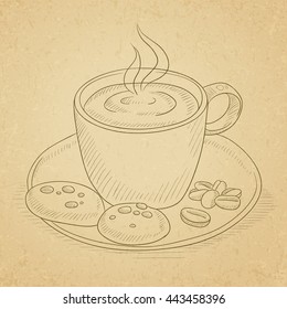 Coffee cup with biscuits and coffee beans on saucer. Hand drawn on old paper vintage background. Vector sketch illustration.