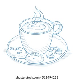 Coffee cup with biscuits and coffee beans on saucer. Coffee with biscuits and coffee beans hand drawn on white background. Coffee with biscuits vector illustration. Coffee sketch illustration.