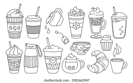 Coffee cup black line cartoon set. Trendy doodle flat various cups to go. Glass drinks foam, croissant. Hot chocolate, glass tea. Different disposable coffee cup icon collection. Vector illustration