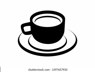 Coffee cup in black and white silhouette for coffee shop or cafe logo or icon. Flat design style vector.