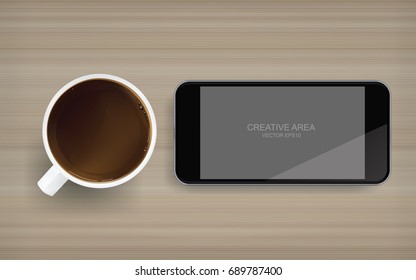 Coffee cup and blank screen smartphone on wood background. Vector illustration.