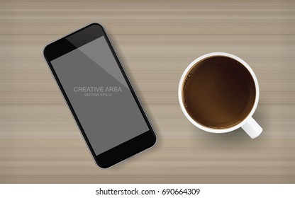 Coffee cup and blank screen smartphone on wood background. Vector illustration.