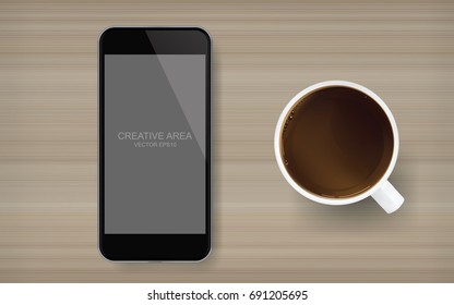 Coffee cup and blank screen smartphone on wood background. Vector illustration.