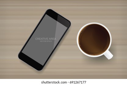 Coffee cup and blank screen smartphone on wood background. Vector illustration.