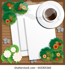 Coffee cup and blank white sheets. Vector illustration. Template for design.