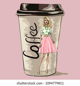 Coffee cup with blond girl on it. coffee take away. illustration