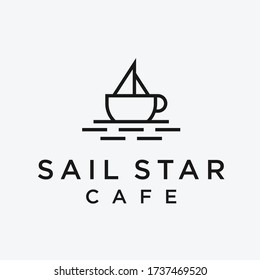 coffee cup with boat logo design vector illustration on white background