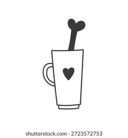 Coffee Cup With Bone Icon. Hot beverage mug featuring pet snack in black ink line style, playful hand drawn sketch symbol for Dog cafe decor, simple whimsical vector drink element