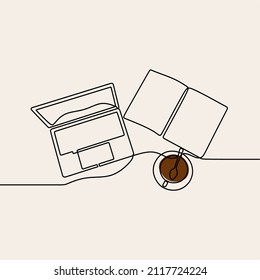 coffee cup book and laptop oneline continuous single editable line art