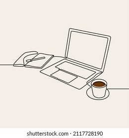 coffee cup book and laptop oneline continuous single editable line art