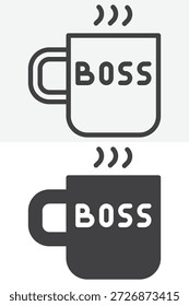 Kaffeetasse mit Chef-Text-Symbol in verschiedenen Stil gesetzt. Linie, Umriss und durchgezogenes Symbol, Vektorzeichen und Symbol mit bearbeitbarem Strich. Boss Cup Ikone für Führungsrolle.
