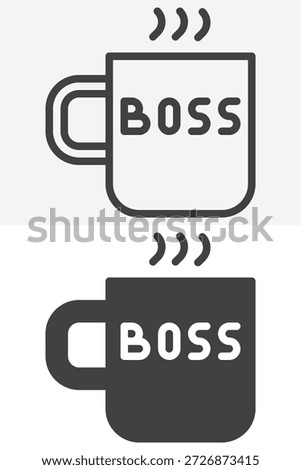 Coffee cup with boss text icon set in different style. Line, outline and solid icon vector sign and symbol with editable stroke. Boss cup icon for leadership role.