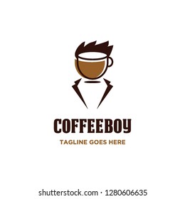 coffee cup with boy face and tuxedo costume logo icon vector template