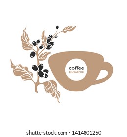 Coffee cup and branch. Vector symbol. Botany shape of tree, black bean. Premium food, natural aroma drink. Art design on white background. Simple sticker. Template for cafe, menu, nature logo