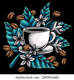 Coffee cup with branches, flowers and coffee beans