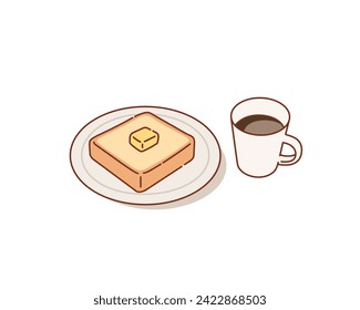 Coffee cup, bread and butter. Breakfast food, morning time concept. Hand drawn style vector design illustrations.