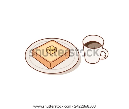 Coffee cup, bread and butter. Breakfast food, morning time concept. Hand drawn style vector design illustrations.