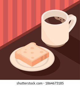coffee cup and bread in plate brewing isometric icon design vector illustration