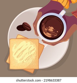 coffee cup and bread with seeds