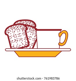 coffee cup and bread slices on dish in color sections silhouette