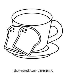 Coffee cup and breads cartoon in black and white