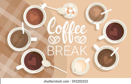 Coffee Cup Break Breakfast Drink Beverage Top View Flat Vector Illustration