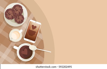 Coffee Cup Break Breakfast Drink Beverage Top View Flat Vector Illustration