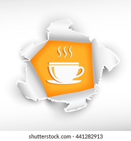 Coffee cup and breakthrough paper hole with ragged edges with a space for your message.