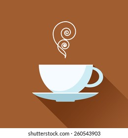 Coffee cup, brown background, icon flat. Vector. Element for design