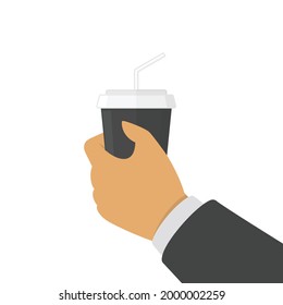 Coffee cup in businessman hands. Disposable brown coffee cup in hand. Paper glass with coffee. Fast food concept. Vector illustration in flat style. EPS 10.