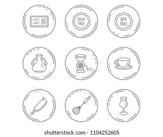 Coffee cup, butcher knife and wineglass icons. Meat grinder, whisk and vase linear signs. Heat-resistant, DEHP and BPA free icons. Linear Circles web buttons with icons. Vector