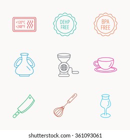 Coffee cup, butcher knife and wineglass icons. Meat grinder, whisk and vase linear signs. Heat-resistant, DEHP and BPA free icons. Linear colored icons.