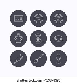 Coffee cup, butcher knife and wineglass icons. Meat grinder, whisk and vase linear signs. Heat-resistant, DEHP and BPA free icons. Flat icons in circle buttons on white background. Vector