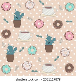 Coffee cup, cactus in a pot different colored donuts decorated with leaves on a small white circle background in pattern and background, vector.