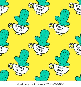 Coffee cup and cactus, seamless pattern background illustration for t-shirt, sticker, or apparel merchandise. With doodle, retro, and cartoon style.