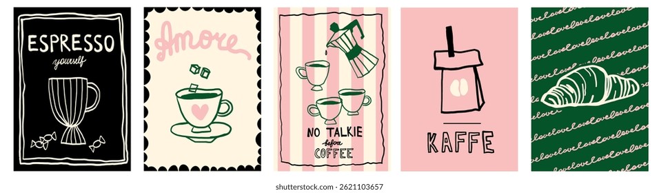 Coffee cup cafe poster illustration branding vector illustration set. Drink promotion beverage banner flyer menu collection in simple doodle sketchy whimsical retro style.
