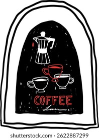 Coffee cup cafe poster illustration branding vector illustration set. Drink promotion beverage banner flyer menu collection in simple doodle sketchy whimsical retro style.