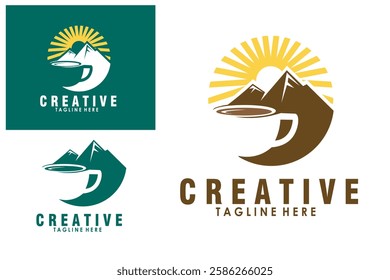 coffee cup cafes mountain peak with sun logo design vector graphic template