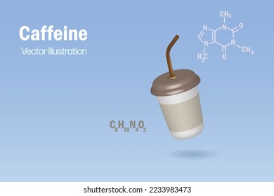 Coffee cup with caffeine skeletal formula molecular structure. Coffee research, foods science, chemistry and biological education concept. 