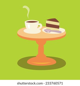 coffee cup and cake on a wooden coffee tablet icon. None outline cartoon character simplicity flat style, vector illustration.