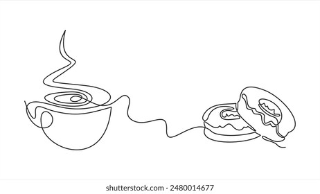 Coffee cup and cake one line continuous drawing. Vector illustration. Hand drawn linear silhouette. Dessert icon. Minimal design, print, banner, card, product logo, brochure, menu, bakery shop.