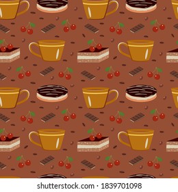 Coffee, cup, cake. Seamless design pattern