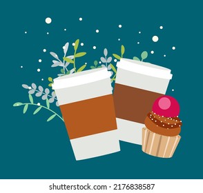 Coffee cup and cake for take away. Hot drink and sweets. Vector illustration for web banner, poster, social media post
