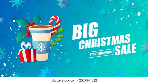 Coffee cup and candy cane. Christmas gifts and discounts advertising banner.