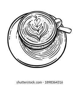 Coffee cup with cappuccino. Black and white engraved sketch of coffee mug. Vector illustration