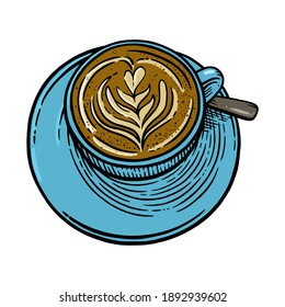 Coffee cup with cappuccino. Engraved sketch of coffee mug. Vector illustration