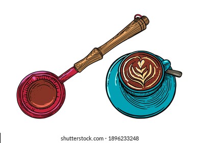 Coffee cup with cappuccino and turkish pot. Engraved sketch set of coffee mug and pot. Vector illustration